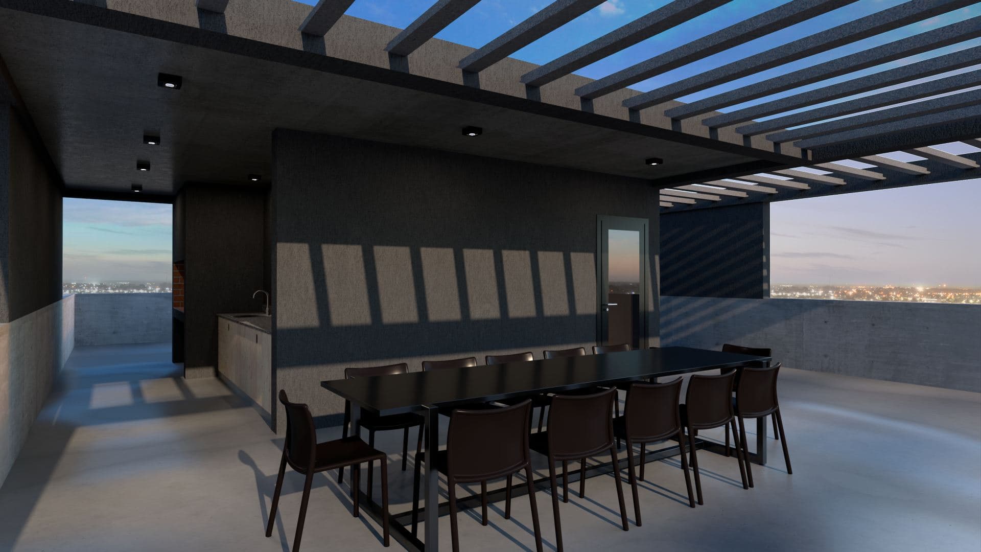 Terraza de Belgrano Smart Office con pérgola y mesa larga al atardecer