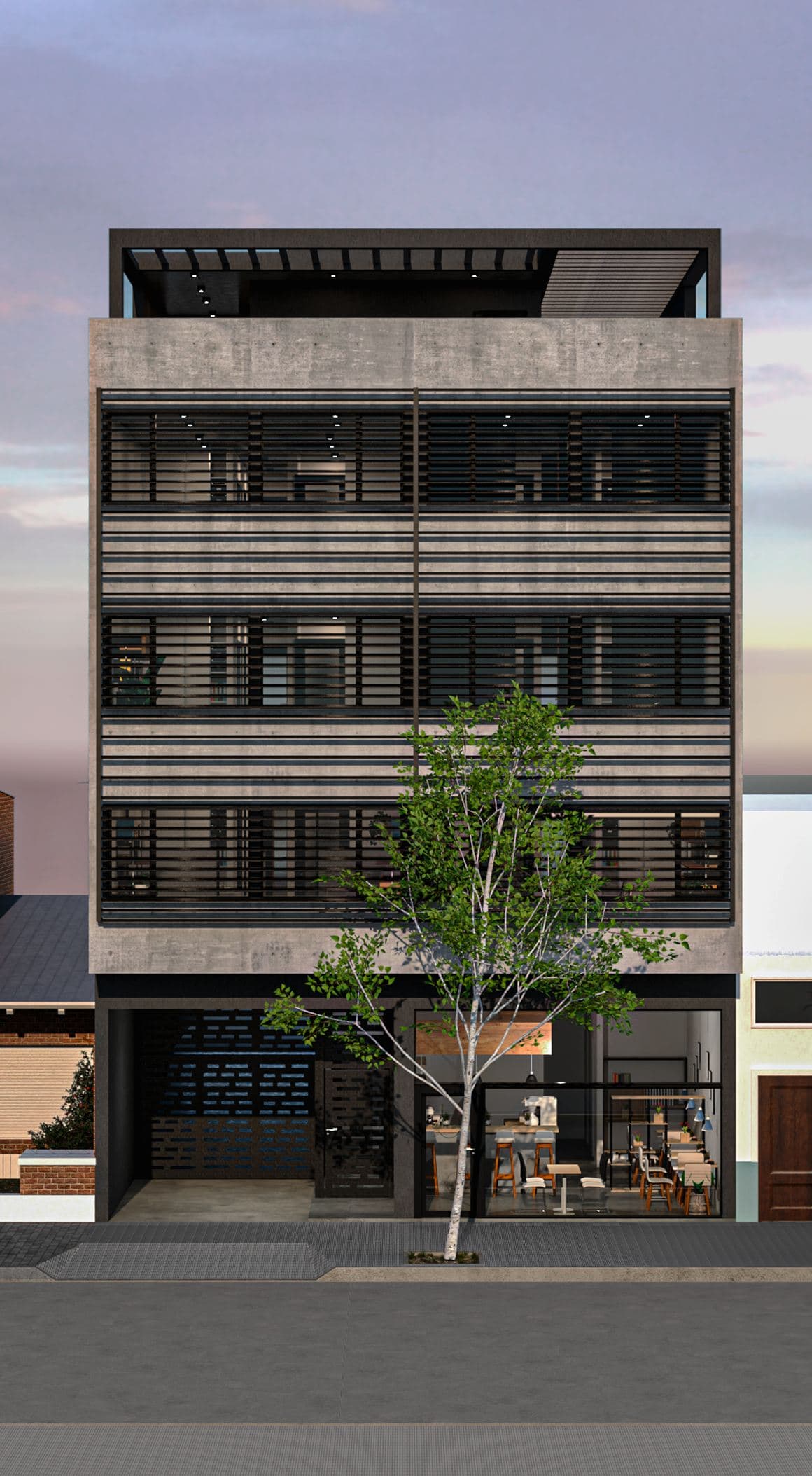Elevación real de la fachada de Belgrano Smart Office, con parasoles de acero horizontales