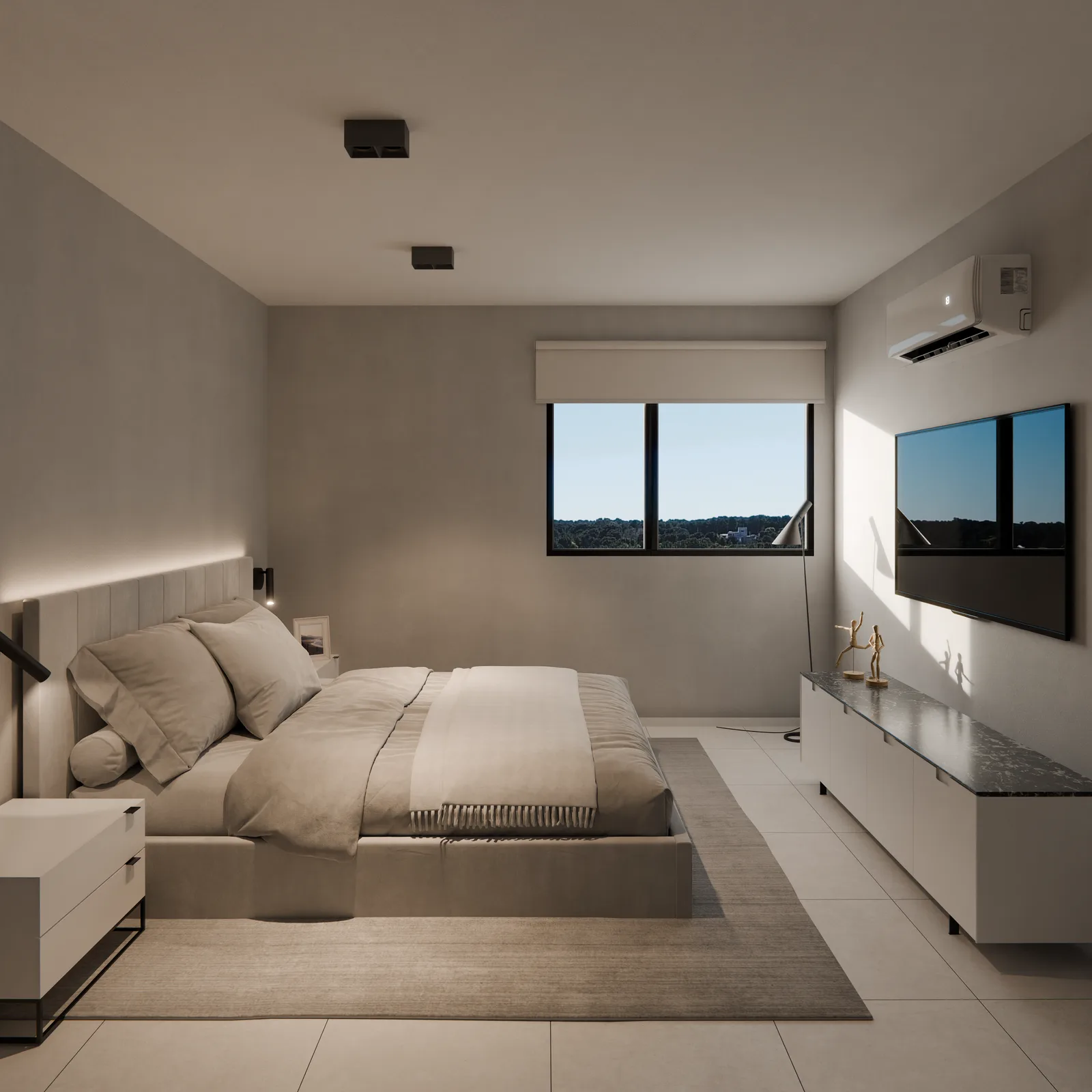 Dormitorio de Torre Faro II con ventanal y vista al pinar