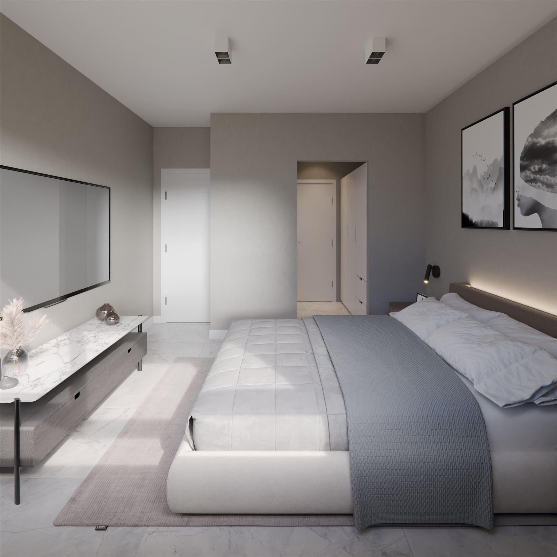 Dormitorio con cama con manta gris