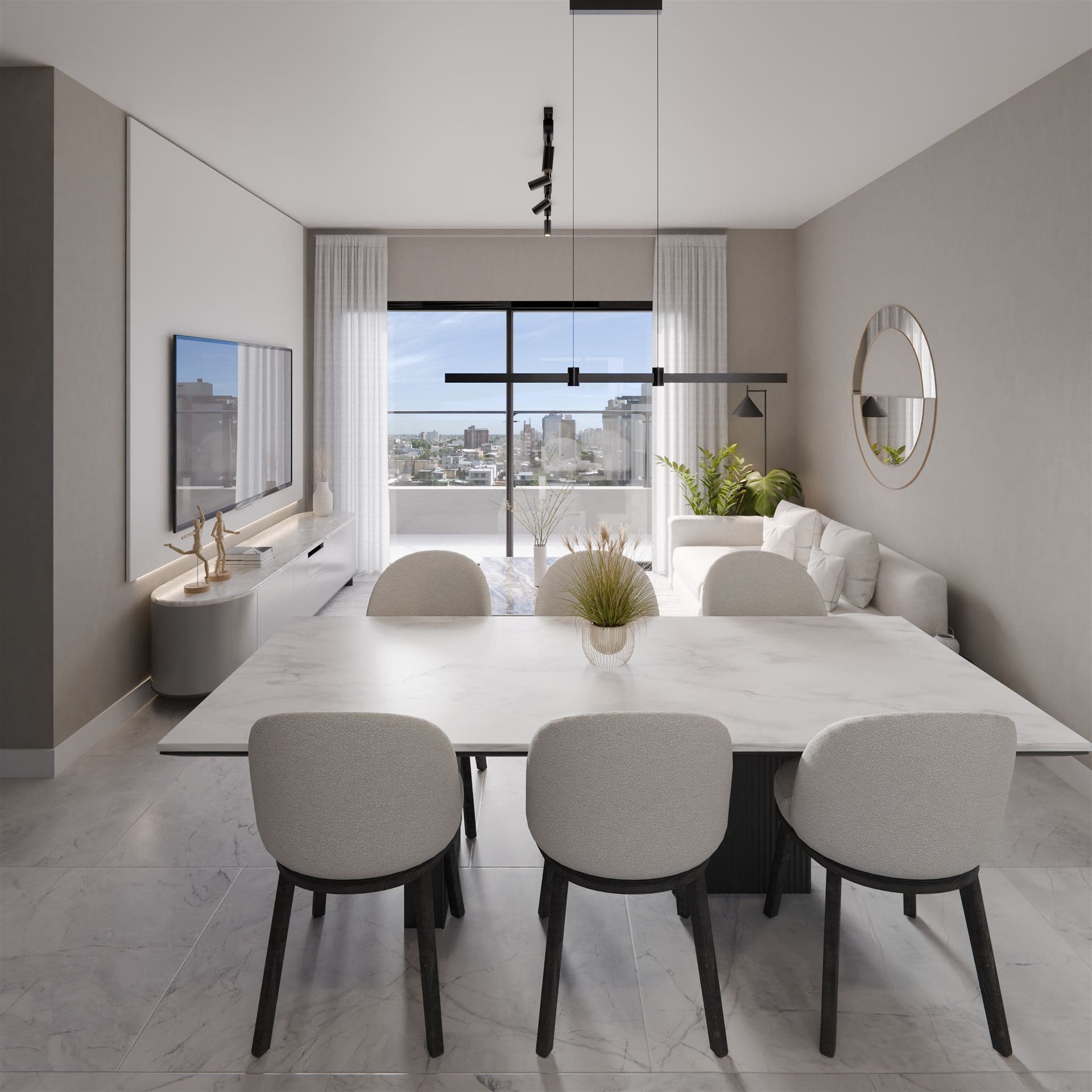 Comedor con espejo y luminaria colgante