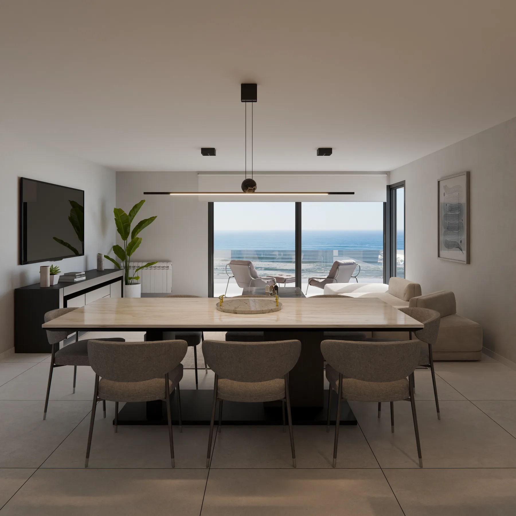 Estar comedor de Torre Faro con sofá y comedor integrado