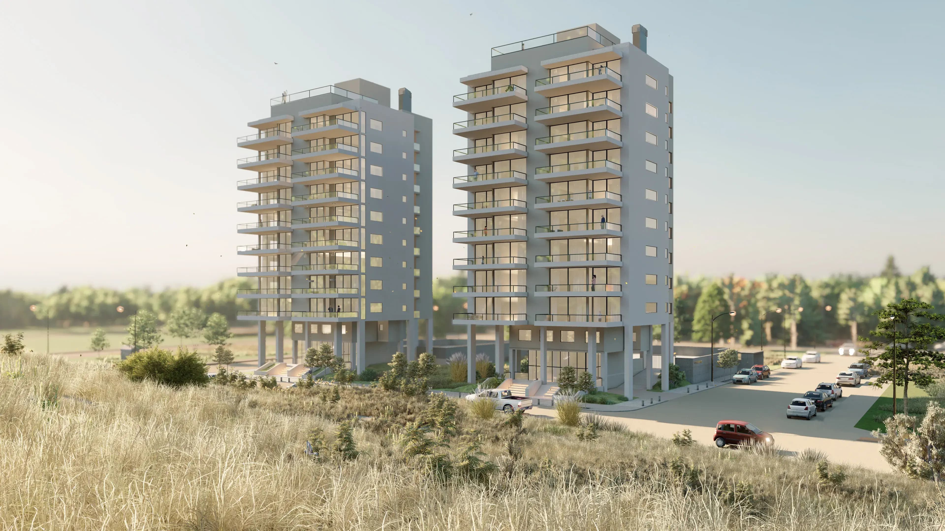 Render exterior de Torre Faro en Monte Hermoso